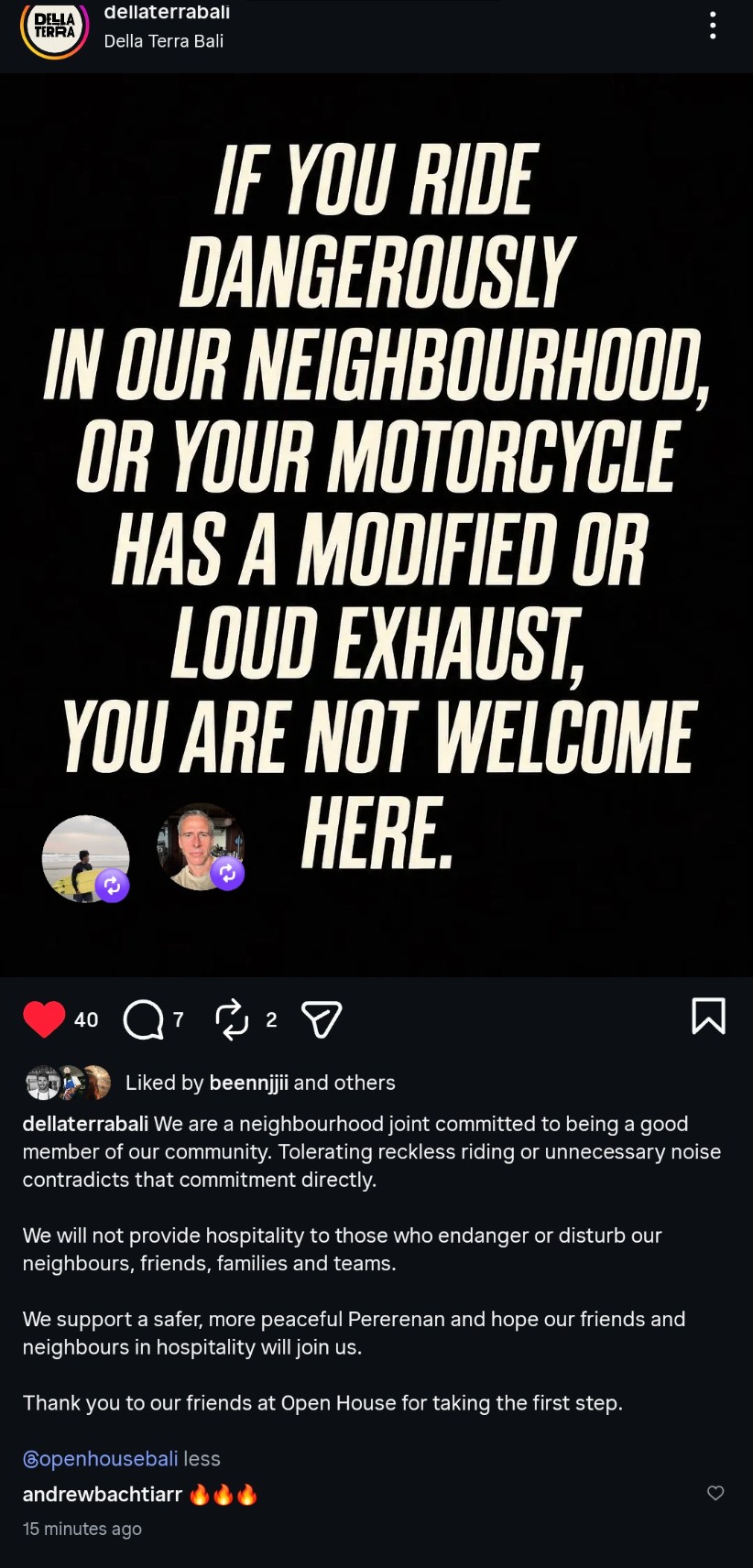 Della Terra Bali Instagram post saying dangerous riders and motorcycles with modified or loud exhausts are not welcome.