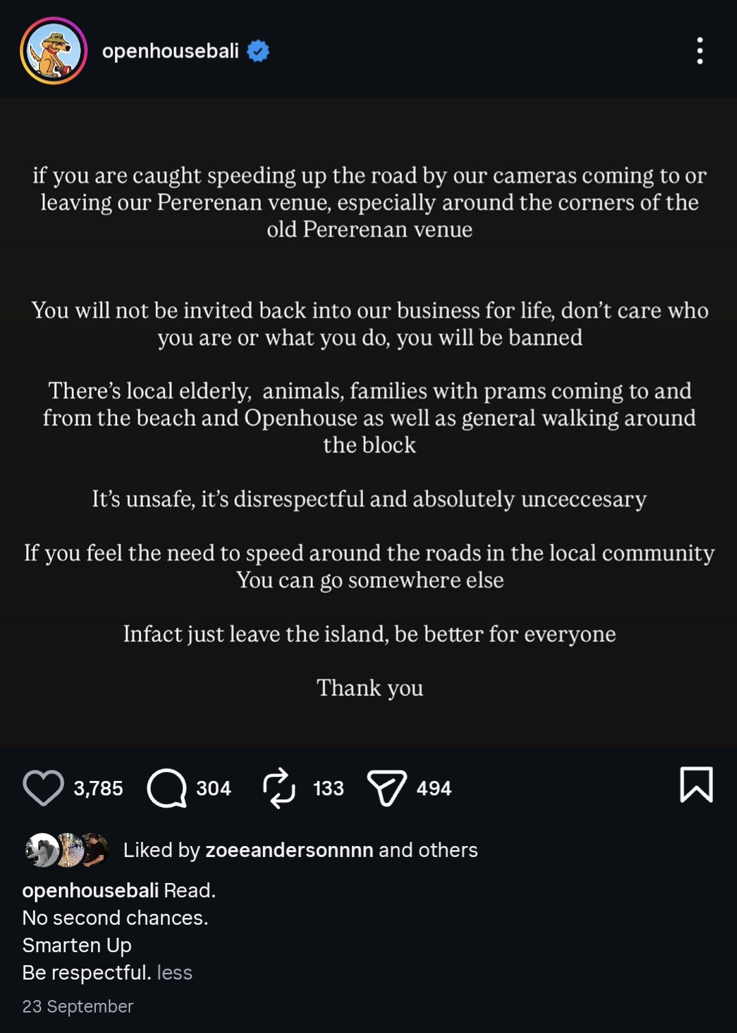 Open House Bali Instagram post warning that dangerous riders caught speeding to or from its Pererenan venue will be banned.