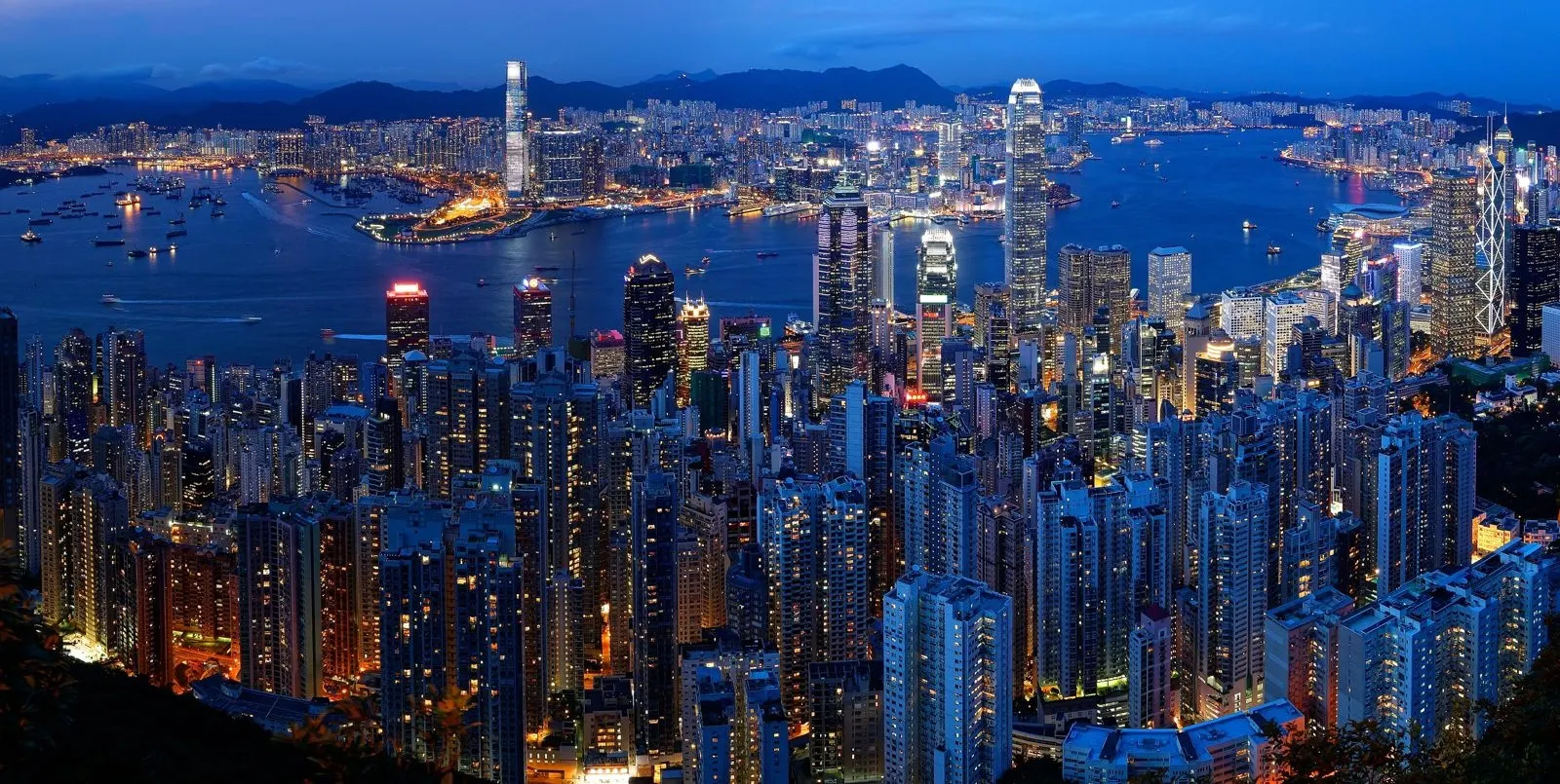 Hong Kong skyline and Victoria Harbour at dusk from Victoria Peak