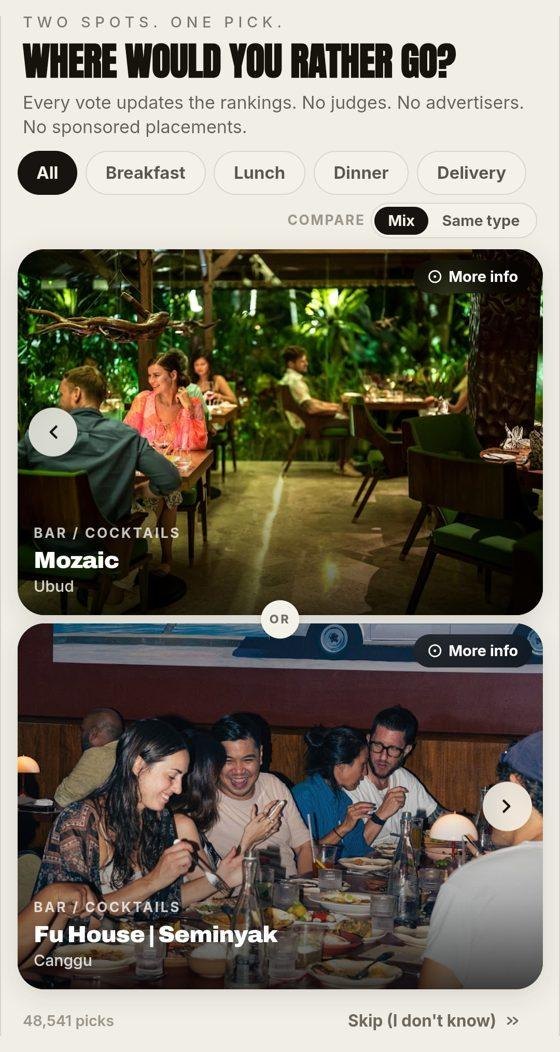 The Supper Social voting screen, two venues head to head